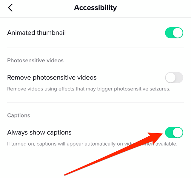 TikTok Accessibility Always Show Captions Toggle