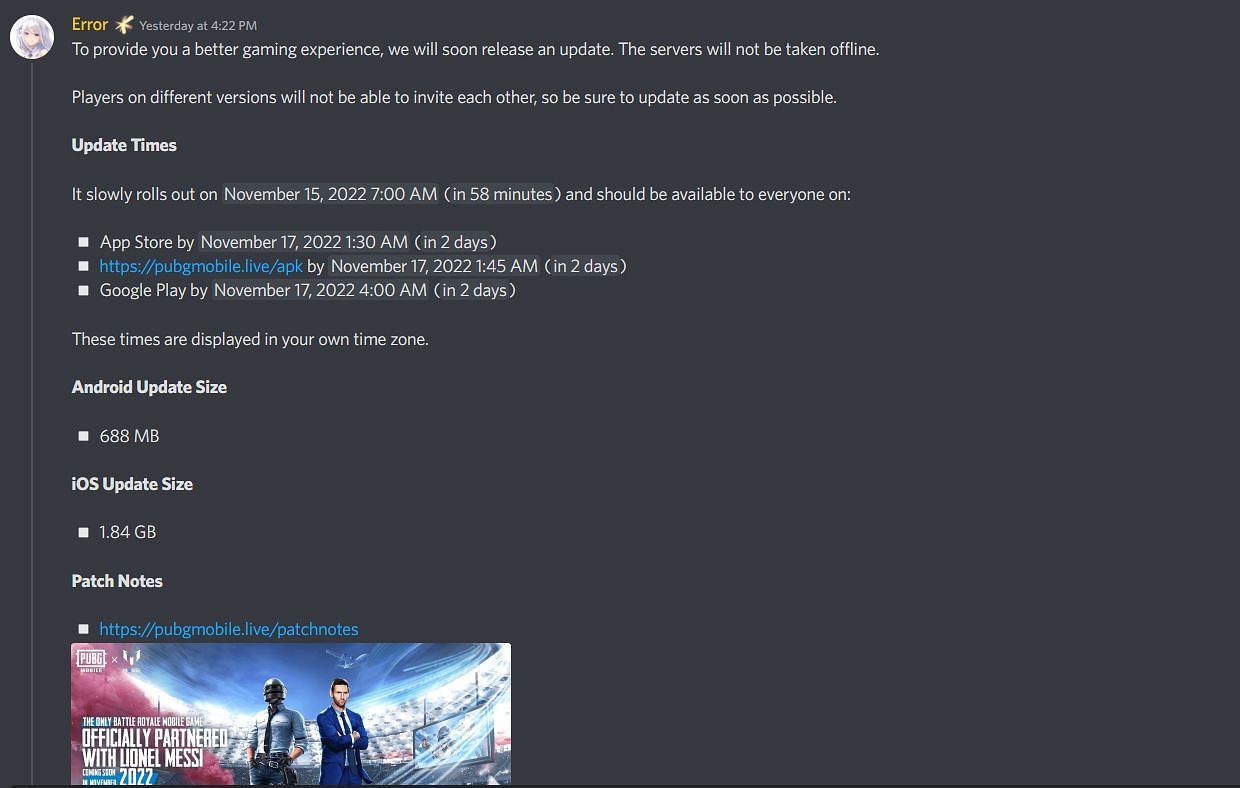 PUBG Mobile 2.3 became available for everyone on November 17, 2022 (Image via Discord)